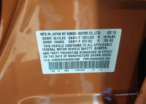 2010 Honda Fit Sport z USA, uszkodzony, nr VIN JHMGE8H44AS001260